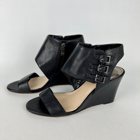 Vince Camuto Womens Lyssia Black Leather Sandals Open Toe Wedge Buckles size 9 - Picture 3 of 16